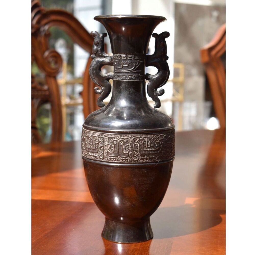Chinese Archaistic Bronze Baluster Vase - Chilong Handles Taotie Band Hu Form 9"